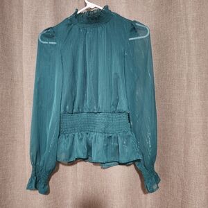 Smocked Waist Teal Sheer Long-Sleeve Blouse